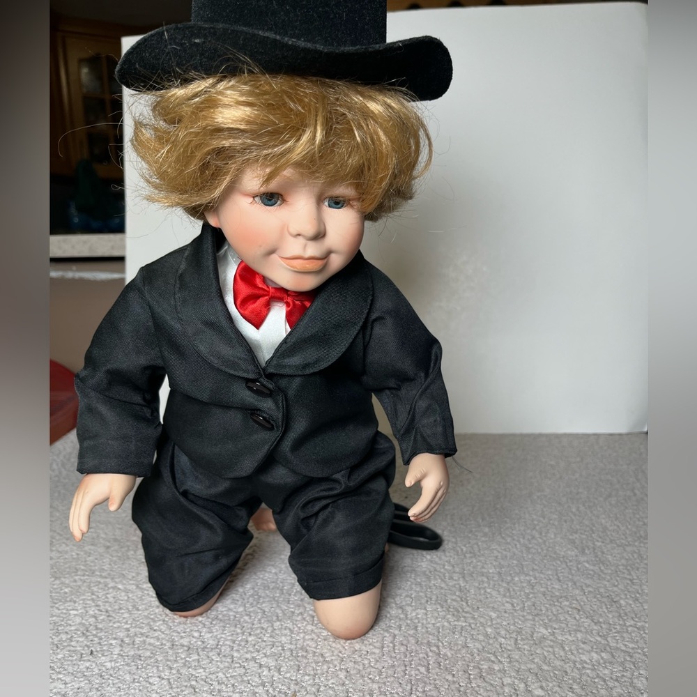 Vintage Porcelain Boy Doll - Blonde Hair Blue Eyes‎ - Black Tuxedo & Top Hat